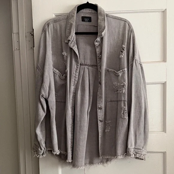 Vici Oversized Distressed Button-Down Shirt Jacket in Light Gray - Picture 6 of 8